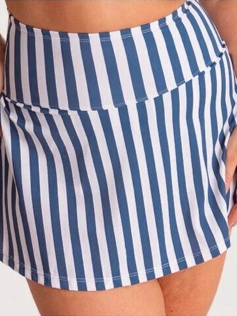 Shapermint Essentials High Waisted Striped Swim - White and Blue Small